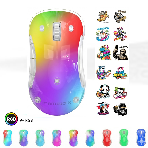 memzuoix LED Rechargeable Wireless Mouse, 9-Color Gradient RGB Light, 1600 DPI Gaming Mouse with DIY Sticker, Magnetic Cover, Computer Mouse for Laptop,Desktop,MacBook,Left Right Hand,5 Buttons