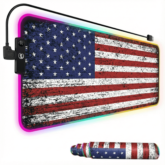 memzuoix LED Mouse pad 31.5×11.8 Inch, Large RGB Glow Gaming Mouse Pad for Computer, 12 Cool Lighting Modes, Anti-Slip Base, Waterproof, Stain Resistant, Desk Mouse pad for Wireless mouse, Flag Shape