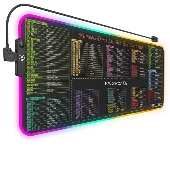 LED Mouse Pad for Excel/Word/PowerPoint/Windows Mac Shortcuts – Large RGB Gaming Excel Cheat Mouse Pad - 31.5×11.8 Inch Computer Desk Mousepad - Office, Waterproof, Non-Slip, Stitched Edges