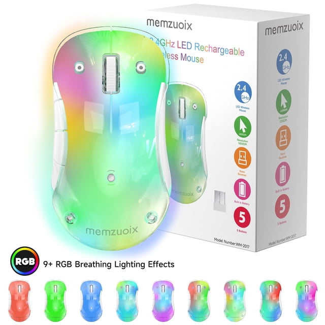 memzuoix LED Rechargeable Wireless Mouse, 9-Color Gradient RGB Light ...