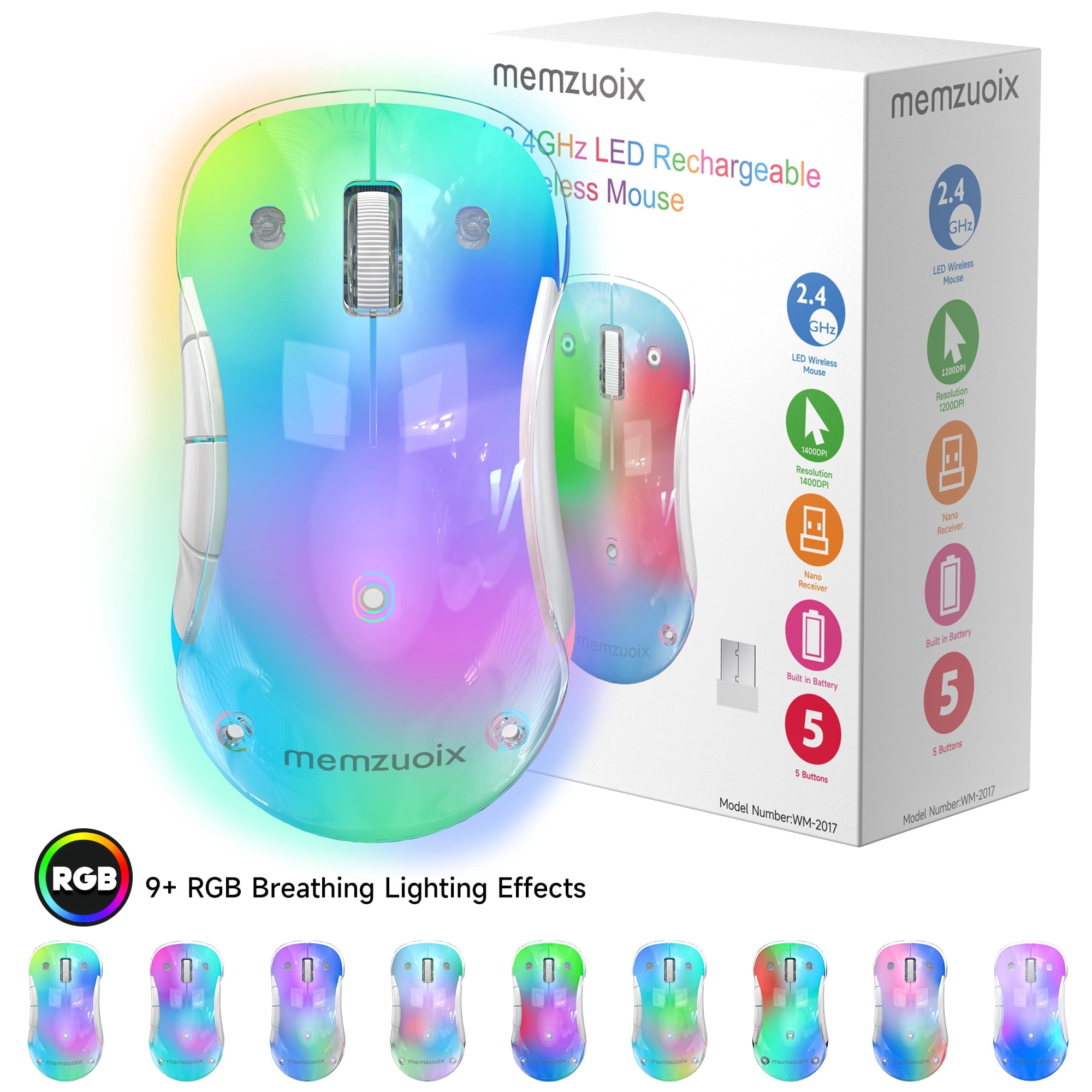 Moush Computer memzuoix LED Rechargeable Wireless Mouse, 9-Color Gradient RGB Light ...