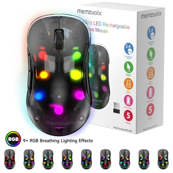 memzuoix LED Rechargeable Wireless Mouse, 9-Color Gradient RGB Light, 1600 DPI Gaming Mouse with Magnetic Cover, Computer Mouse for Laptop,Desktop,MacBook,Left Right Hand,5 Buttons, Black
