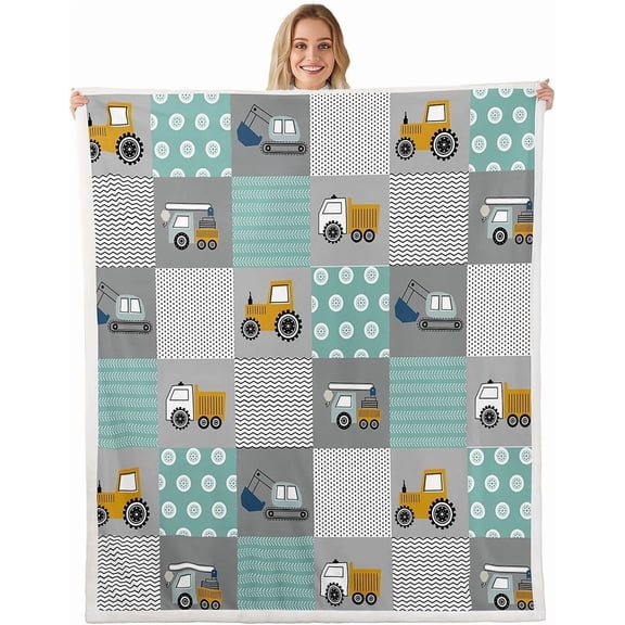 men Construction Sherpa Fleece Blanket - Equipment Trucks, Cartoon Car, Excavator, Tractor Decor - Plush Wheel Green Fuzzy Bedroom Twin 60"x80"