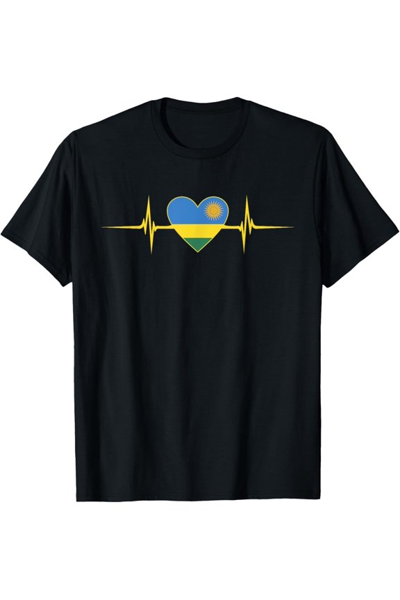 men and women can wear，Heartbeat Design Rwandan Flag Rwanda T-Shirt