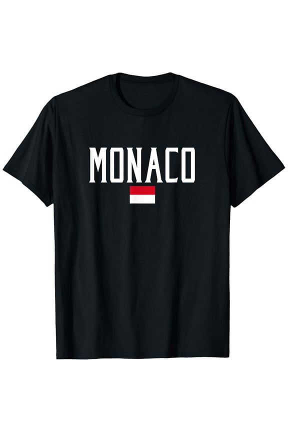 men and women can wear，Monaco Flag and White Text T-Shirt