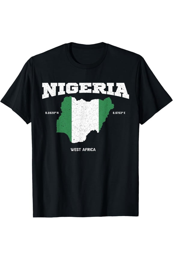men and women can wear，Nigeria flag and map, Nigerian coordinates Tee T-Shirt