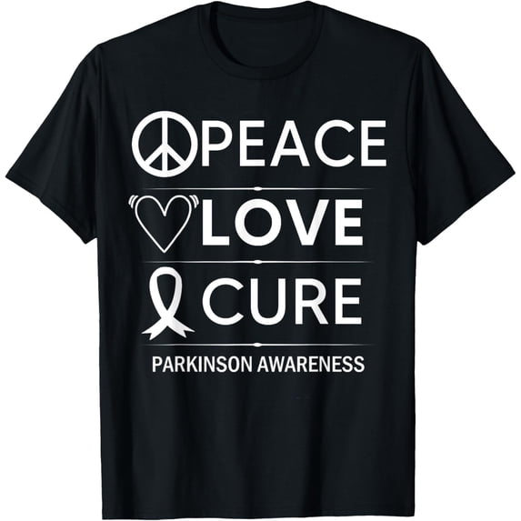 men and women can wear,Parkinsons Disease Awareness Peace Love Cure Silver Ribbon T-Shirt