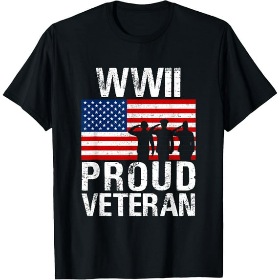 men and women can wear,Patriotic USA Veteran Apparel & Gifts Outlet Proud WWII Veteran T-Shirt - Men's Classic Fit Black Short Sleeve T-Shirt - Small