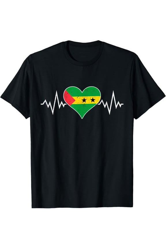 men and women can wear，Sao Tomean Flag Vintage Heart Heartbeat Sao Tome & Principe T-Shirt