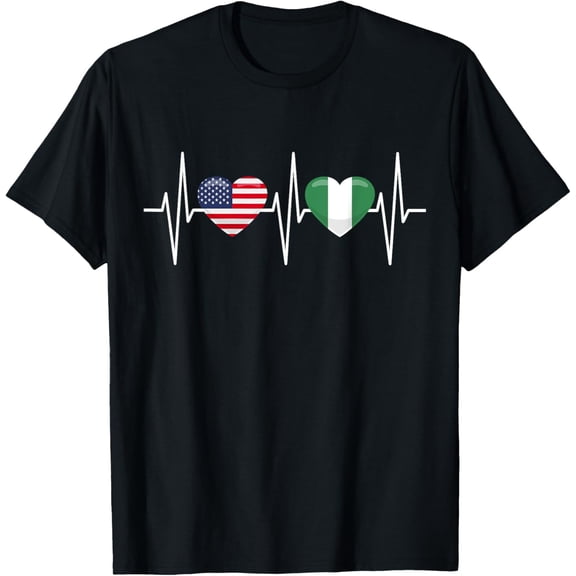 men and women can wear，USA Nigeria Shirt Heartbeat America Nigerian Flag Heart T-Shirt