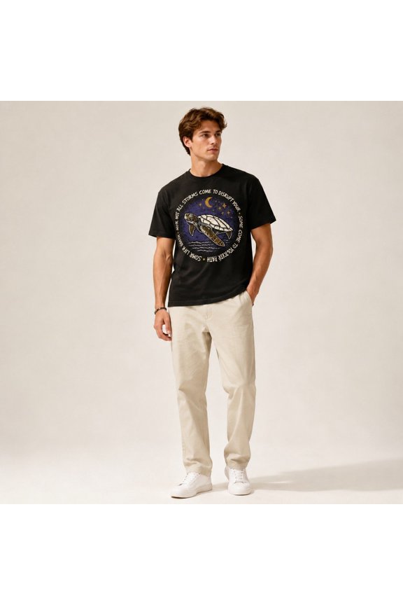men's Black Short Sleeve Crew Neck T-Shirt, Sea Turtle Moon Stars Graphic Tee, Inspirational Storms Path Theme, Casual Summer Top