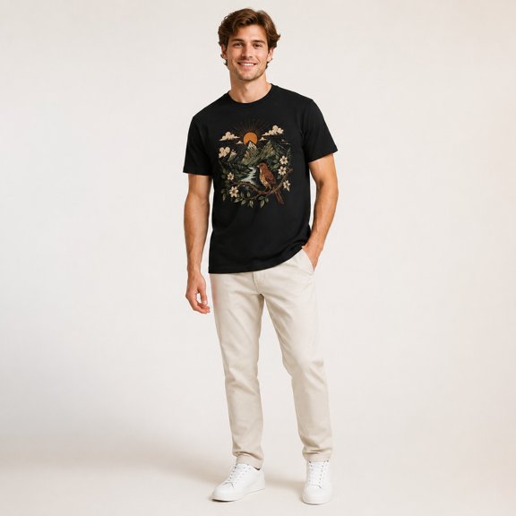 men's Black Short Sleeve Crew Neck T-Shirt with Mountain Sunset Bird Floral Nature Graphic for Outdoor Travel Summer Casual Wear