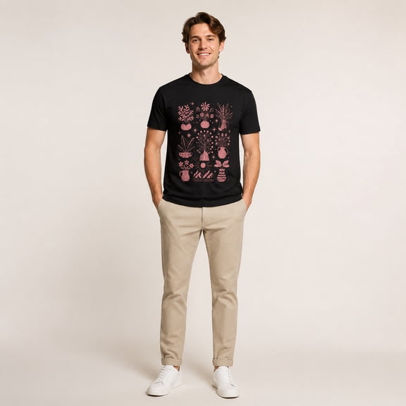 men's Floral Vase Graphic Black Short Sleeve Crew Neck T-Shirt for Casual Summer Wear