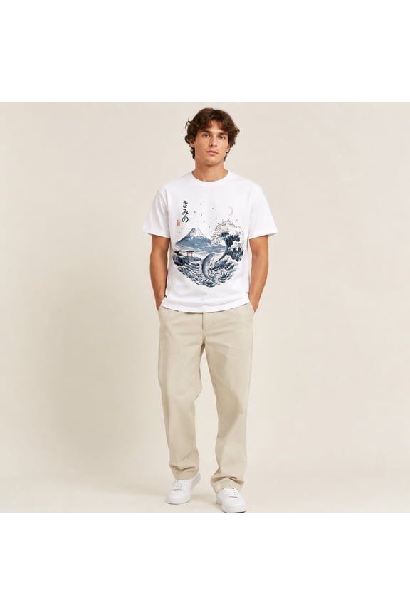 men's Japanese Wave Koi Fish Mount Fuji Graphic White Short Sleeve Crew Neck T-Shirt for Summer Casual Wear