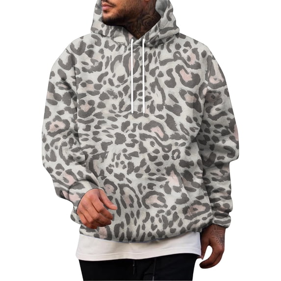 men's leopard print hoodie, retro animal print pullover sweatshirt, vintage casual hooded top with pocket, brown cheetah pattern fleece jumper, streetwear graphic hoodie for men, cozy winter warm
