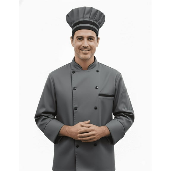 men's multicolor with Black trim 3/4 sleeve chef coat with free cap size (XS-6XL)