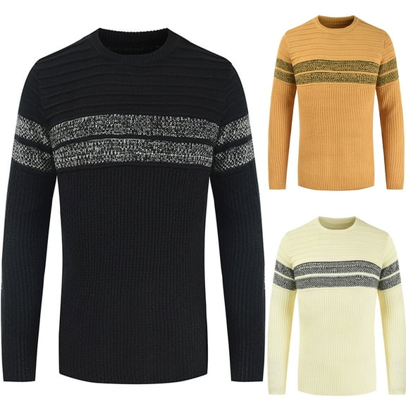 men's winter keep warm high crew neck outwear tops fashion stripe patchwork long sleeve pullover sweater thermal shirt