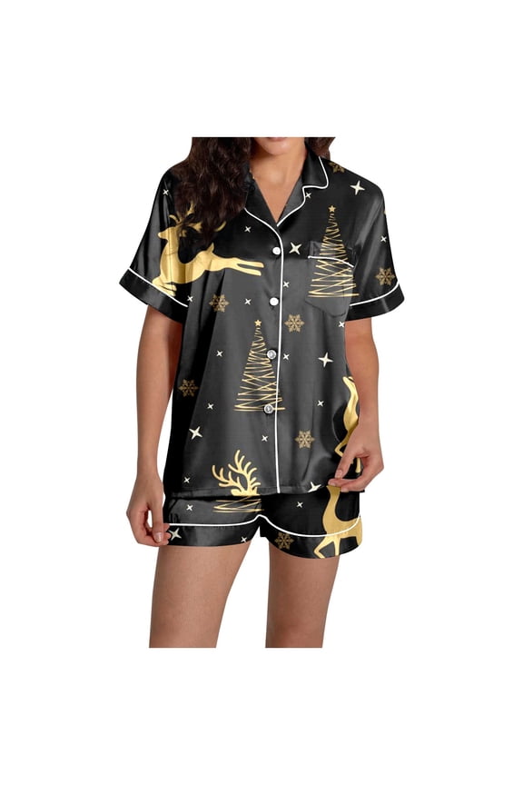 menopause pajama sets for women cooling moisture wicking nightwear for hot flashes Women's Reindeer Print Short Sleeve & Shorts Pajama Set For Christmas