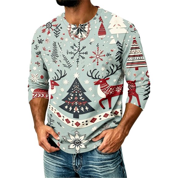 mens Christmas shirt 3/4 Sleeve henley Shirts Xmas Holiday Funny Graphic Comfortable Tee Winter Family Party Matching Tops