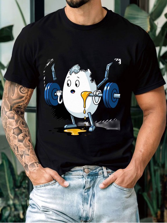 mens fashion black short sleeve t shirt with fun cartoon egg character fitness egg lifting weights humorous graphic crew neck european summer short sleeve shirt co