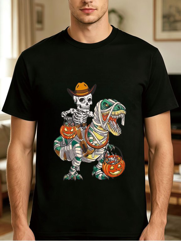 mens fashion black short sleeve t shirt with fun halloween cartoon skeleton riding a t rex print pumpkin dinosaur creative illustration crew neck casual breathable sum