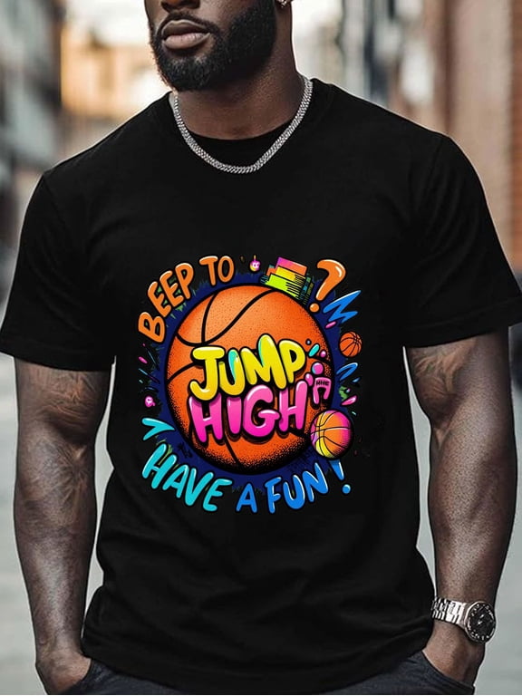 mens fashion printed black short sleeve t shirt with streetwear graffiti style orange basketball and colorful party elements design casual crew neck european summer