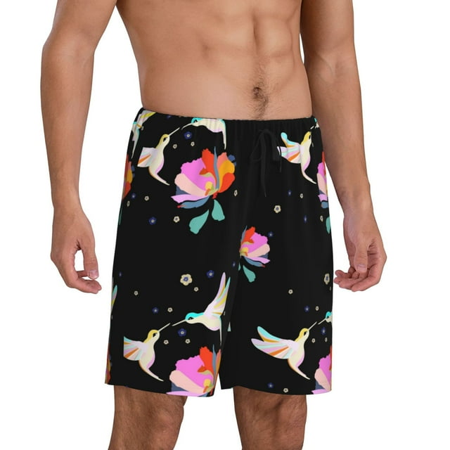 Mens Pajama Pants Flower Hummingbird Black Comfy Sleep Shorts Mens