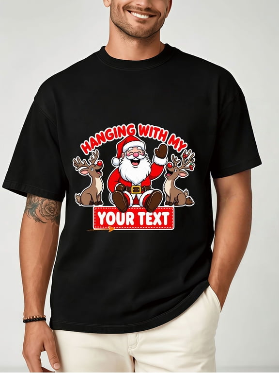mens personalized custom text santa reindeer print t shirt black crew neck short sleeve suitable for christmas new year gifts birthday outfits casual summer wear with