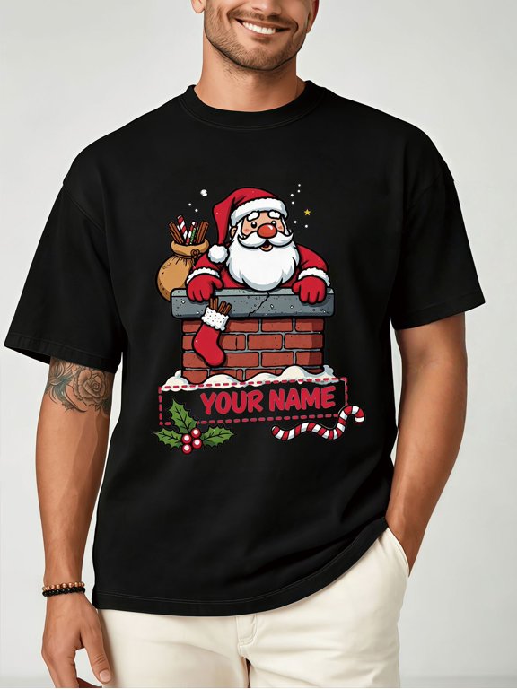mens personalized name text number print t shirt suitable for christmas new year birthdays custom santa claus chimney design round neck short sleeve casual top for hol