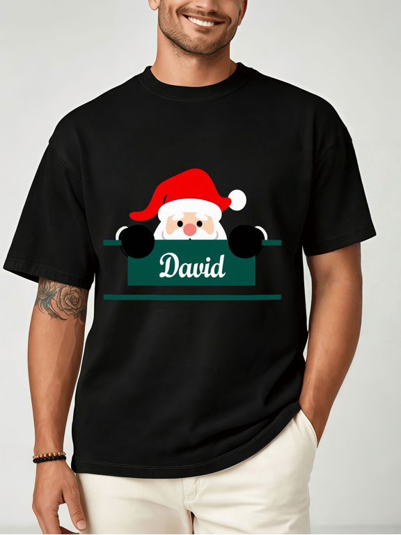 mens personalized santa claus t shirt with name text print black short sleeve crewneck suitable for christmas gifts new year parties casual wear summer outfits for fes