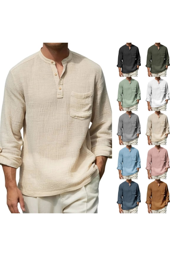 mens shirts,men's clothing Men's Linen Cotton Long Sleeve Shirt Roll Up Sleeve Casual V Neck Band Collar Beach Hippie Shirt for Vacation, Summer, and Boho Style,Light Blue,XL