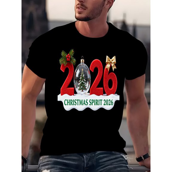 mens t shirt 2026 christmas digital pine tree berry glass decoration green font theme black background creative print t shirt