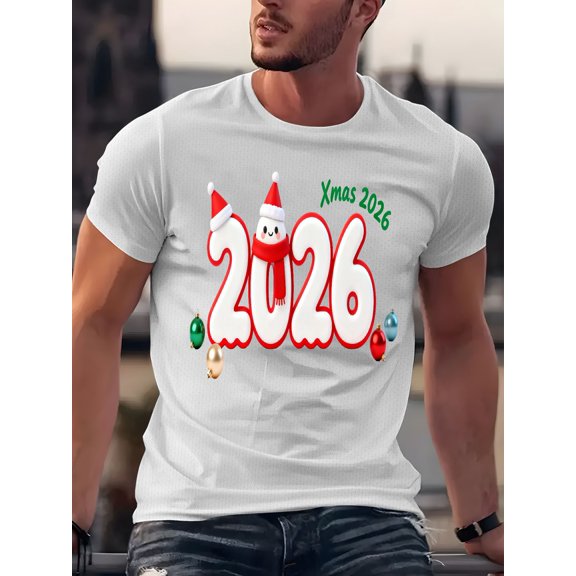 mens t shirt christmas 2026 themed pattern fun snowman with colorful christmas ball decorations festive atmosphere top