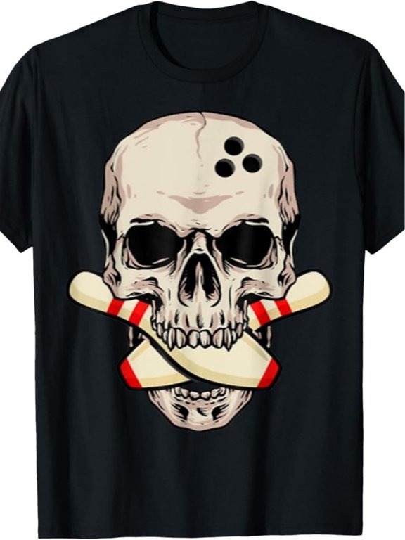 mens vintage bowling skull graphic t shirt retro bowling short sleeve crew neck tee machine washable casual wear suitable for sports bowling nights everyday outfits