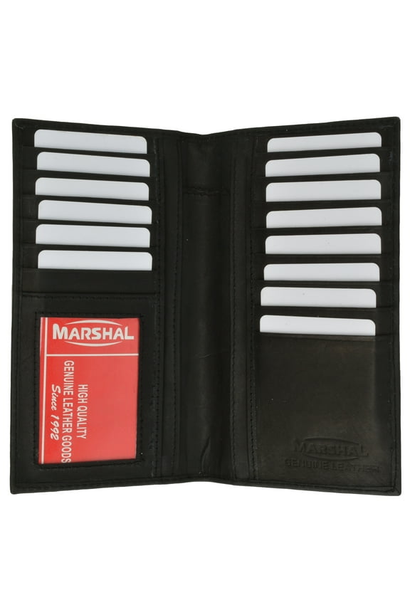 Mens Leather Long Wallet Pockets ID Card Clutch Bifold Purse, Black