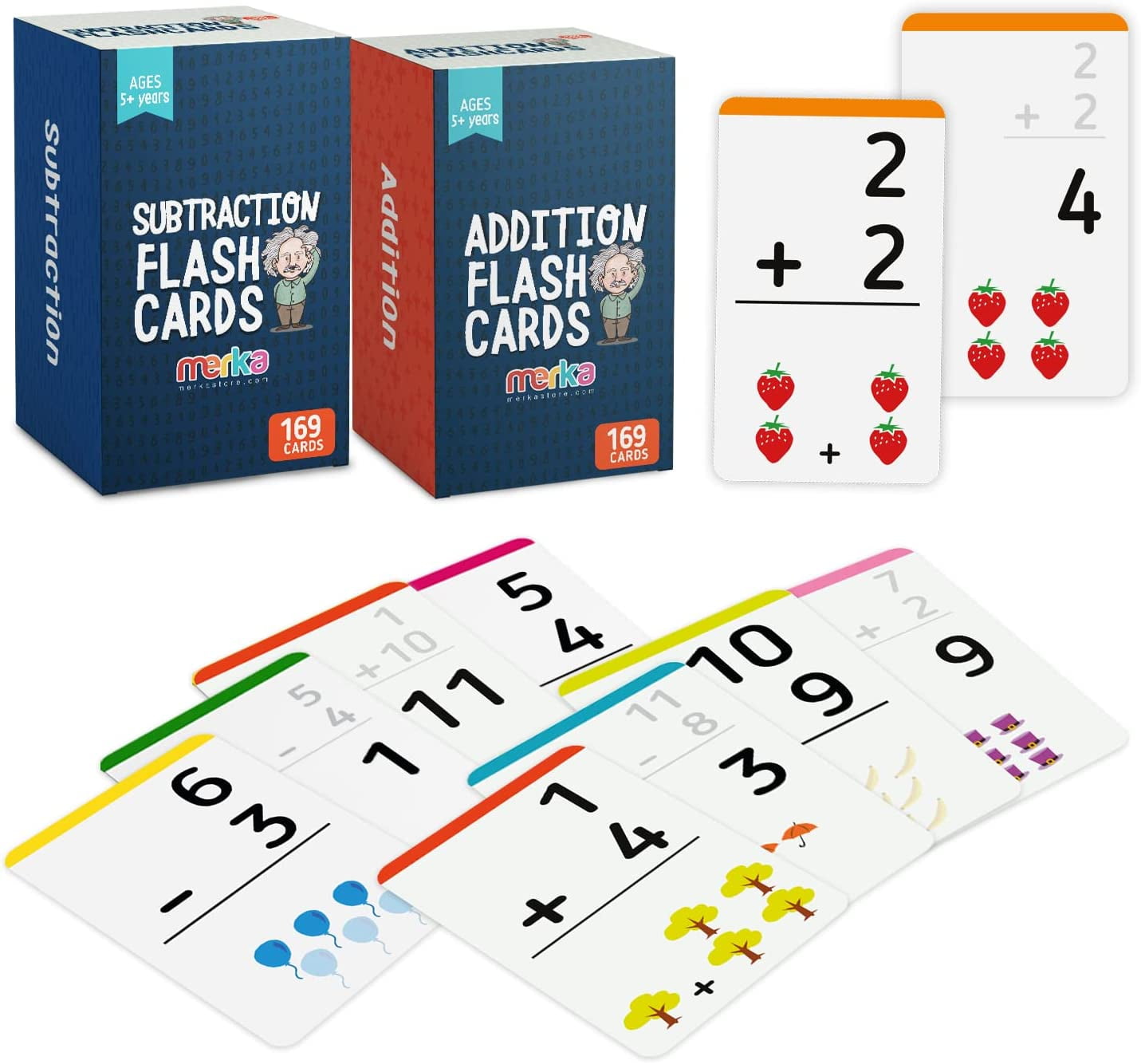 Merka Addition & Subtraction Flash Cards; Math Flashcards for 1st, 2nd, 3rd Grade & Up; 2 Sets with 169 Cards Each