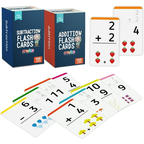 merka Addition Flash Cards & Subtraction Flash Cards; Math Flash Cards for Studying Addition and Subtraction; Flashcards for 1st Grade, 2nd Grade, 3rd Grade & Up; 2 Sets with 169 Cards Each