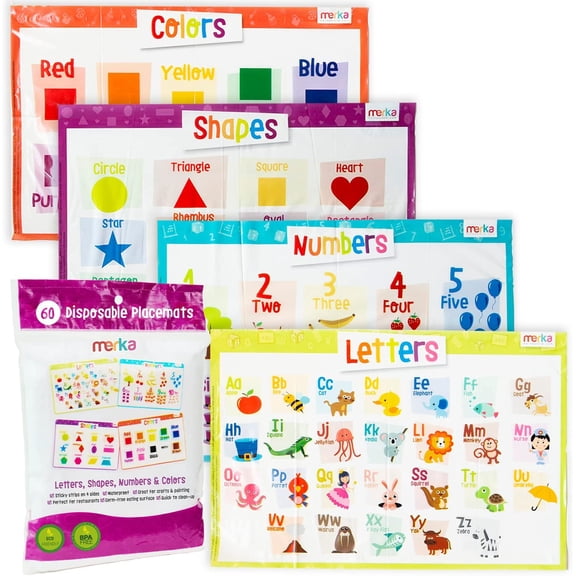 merka Disposable Baby Placemats: 4 Packs of 15, Total 60, Restaurant Surface Protection, Sticks to Table for Babies, Toddlers, or Kids, Includes 4 Designs (Letters, Numbers, Shapes, Colors)