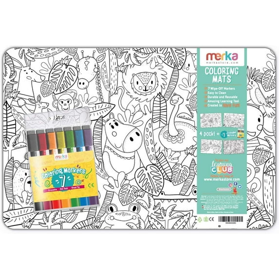 merka Drawing Pad Placemat for Kids: Creative Learning at the Dining Table - Jungle, Space, Sea and Unicorns, 4 Fun Mats with 7 Dry Erase Markers, For Ages 2 and Up