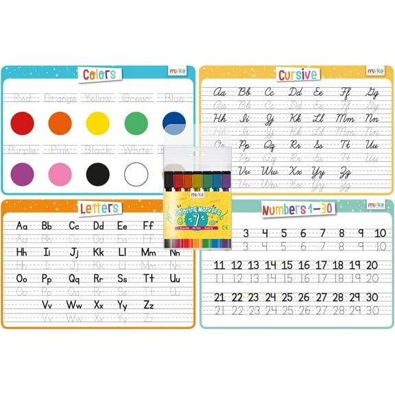 merka Educational Placemats for Kids: Writing Practice Table Mats for Toddler Learning, Childrens Placemats, Works Great with Dry Erase Markers, Set of 4 (Letters, Numbers, Colors, Cursive)