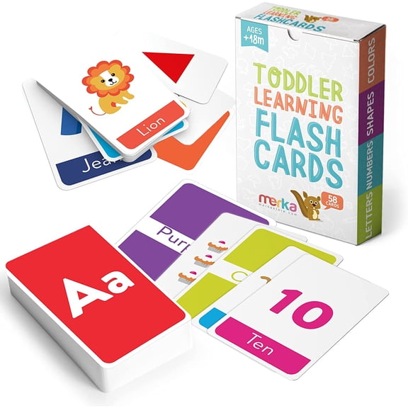 merka Toddler Flash Cards, Set of 64 Alphabet, Letters, Colors, Shapes and Numbers, Baby Learning Cards, Educational Toys, Preschool, Toddler Flashcards, Double-Sided