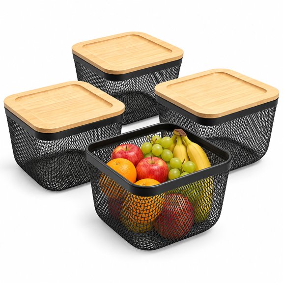 4 Pcs Metal Mesh Storage Baskets, Wire Organizer, 5.9 x 5.9 x 3.9 in|with Tray Lids, Square, Stackable, Multi-functional, for Kitchen Countertop, Decorative Storage, Black