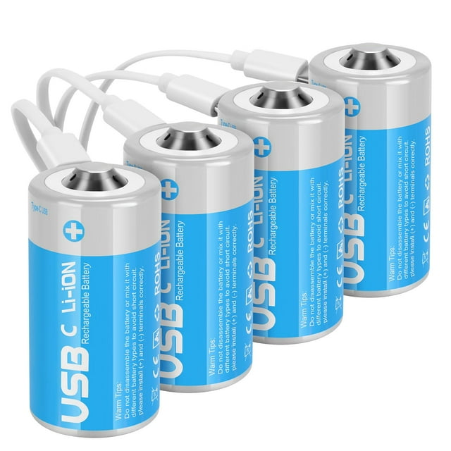 messule Rechargeable Lithium C Batteries with 4 in 1 USB-C Charge Cable,4 Pack C Cell Li-ion Battries,LR14 1.5V C Size Cell Battery Replacement 4100mWh for Floodlight Toys(4 Pcs)