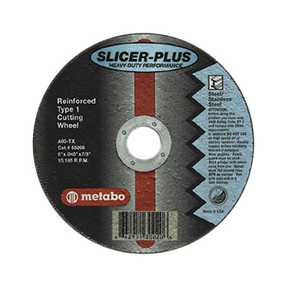 Slicer Plus High Performance Cutting Wheel, 6 in dia, 0.045 in Thick, 7/8 in Arbor, Type 1, 60 Grit