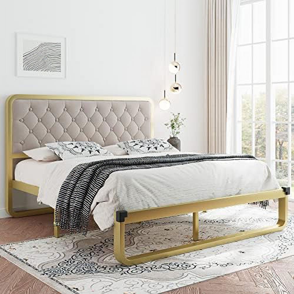 metal queen bed frame with velvet button tufted headboard, curved platform bed frame with heavy