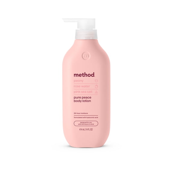 method Body Lotion, Pure Peace - 24hr Moisture, with Hyaluronic Acid, Made without Parabens, Notes of Peonies, Rose Water & Pink Sea Salt, 14 fl oz