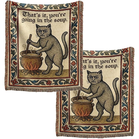 mevious Weird Medieval Cat Woven Tapestry, Vintage Cat Themed Woven Sofa Blanket, Wall Hanging Art Handicrafts, Soft and Cozy Multipurpose Blanket, With Fringe Tassels, Home Decor for Cats Lovers