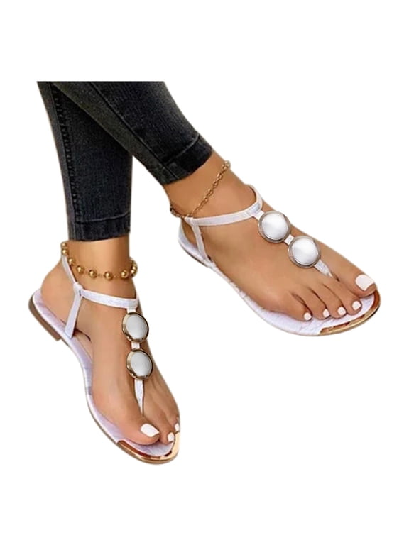 mexican sandals white sandals women flat T-Strap Flat Sandals Slippers Buckle Open Toe Flat Heel Flip Flops Beach Shoes