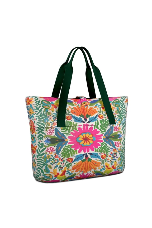 mexican-style floral and botanical patternedLarge Tote Bag with Multi Pockets, Foldable Shoulder Handbag with Snap Closure