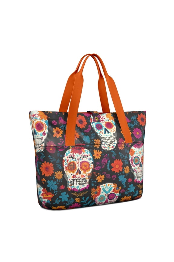 mexican sugar skull patternLarge Tote Bag with Multi Pockets, Foldable Shoulder Handbag with Snap Closure
